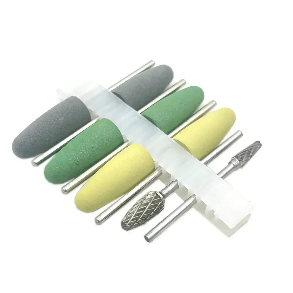 Kit de polimento acrílico com base de resina dentária, polidor de broca, ferramentas rotativas, 6 peças de polimento de borracha de silício + 2 peças de polimento de carboneto de tungstênio