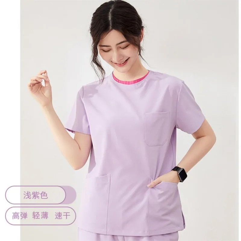 Elastic Scrub sets round neck nurse Uniform solid dental clinic hospital anti-static workwear Doctor overalls medical outfits