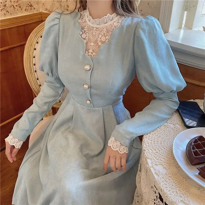 

NIGGEEY Court Style Lace Stitched Friay Dress Spring and Autumn New Style Lady Temperament Waist Closing Foreign Style Dress