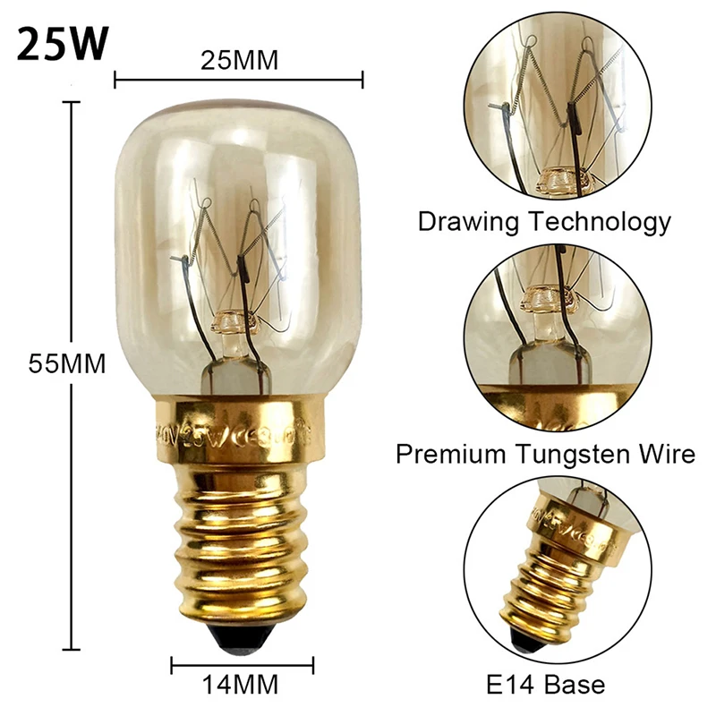 Bombilla de alta temperatura, 15W, 25W, E14, 300 grados, para horno microondas, lámpara de vapor de filamento de tungsteno, Bombilla de sal