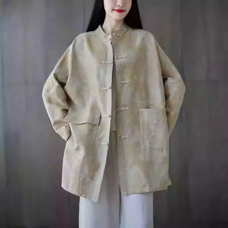 Autumn 2024 New Cotton And Linen Print Button Long Sleeve Trench Coat Women's Loose Retro Fashion Medium Long Casual Coat