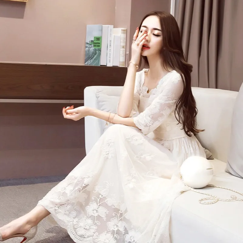 Female Dress Long White Embroidery Maxi Birthday Women's Sleeve Lace Dresses Casual Youth Sensual Sexy Curvy Designer One-piece