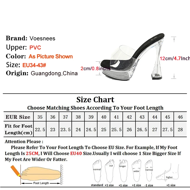 12CM Heel 2CM Platform Slippers All Transparent Crystal Women\'s Shoes Summer Ladies Slides Sandals Clear Square Toe High Heels