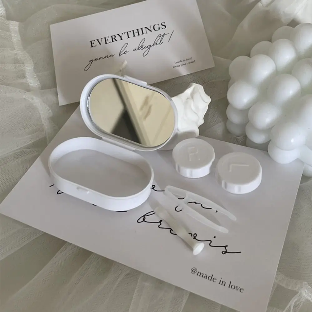 Mini estuche para gafas de contacto con espejo, caja para lentes de contacto portátil Simple, crema de Color sólido, caja para el cuidado de lentes de contacto para mujer