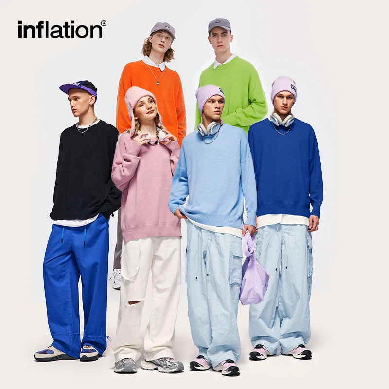 INFLATION Unisex  Oversized Knitwear Sweaters Candy Color Round Neck Knit Sweaters Mens Warm Pullovers