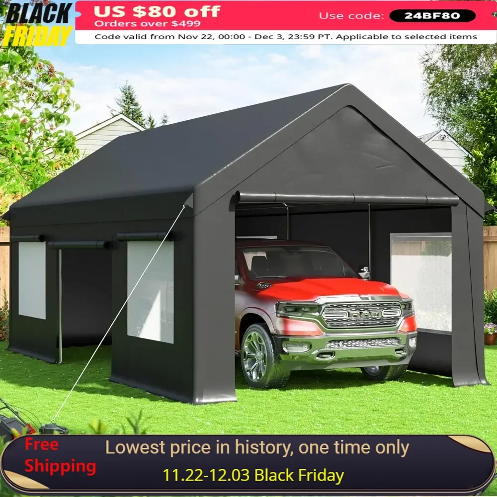 

12x20 FT Carport Canopy with Enhanced Base & Side-Opening Door, Portable Garage for Pickup, Boats, Car and Truck，Carport