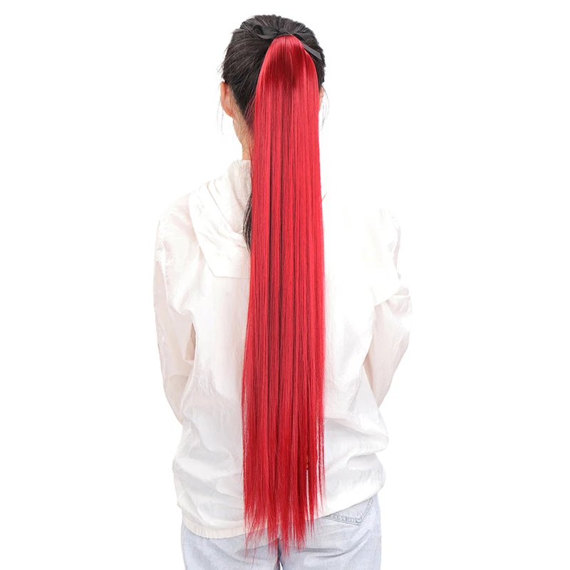 

Synthetic Long Straight Red Ombre Ponytail Hairpiece Natural Fake Velcro Wrap Clip-on Ponytail Extensions Afro Ponytail