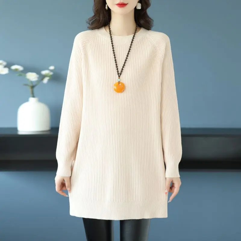 

Женский длинный вязаный свитер с круглым вырезом, осень-зима, корейский свободный пуловер, платья, женский трикотаж большого размера, однотонный базовый свитер 6XL