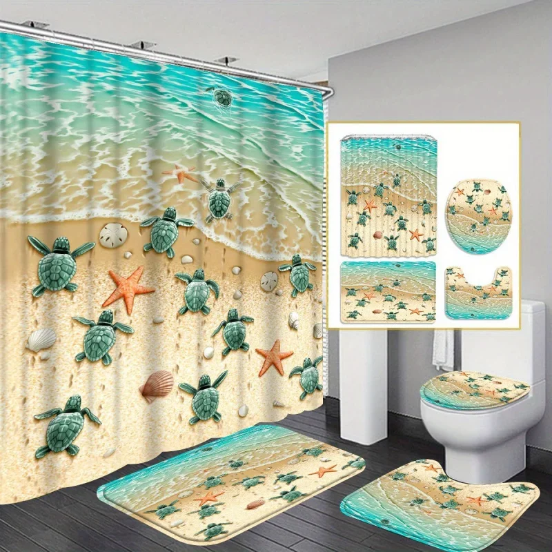 

4 шт., занавеска для душа с морской черепахой, подарок, современная домашняя занавеска для украшения ванной комнаты и коврик для туалета, набор из 3 предметов с 12 душами