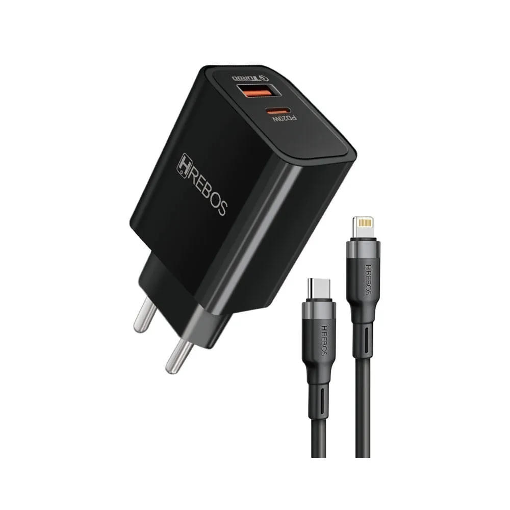 Carregador de Parede Hrebos Power Turbo, 1entrada USB-C e 1 entrada USB-A, Sáidas Type-C e Lightning, 20W/18W, com Cabo