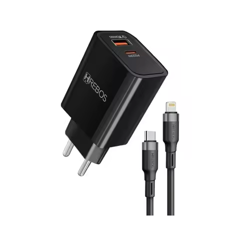 Carregador de Parede Hrebos Power Turbo, 1entrada USB-C e 1 entrada USB-A, Sáidas Type-C e Lightning, 20W/18W, com Cabo