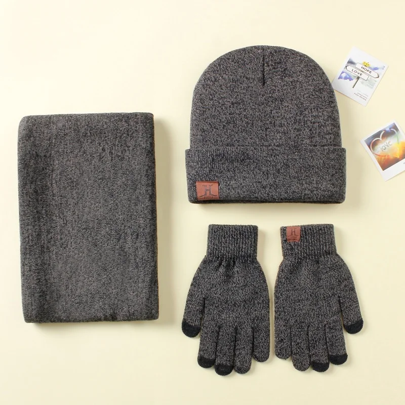 Men's Autumn and Winter Hats, Scarves and Gloves, Three Piece Scarf, One Body, Winter Velvet, Warm Winter Knitting Wool Hat Zi