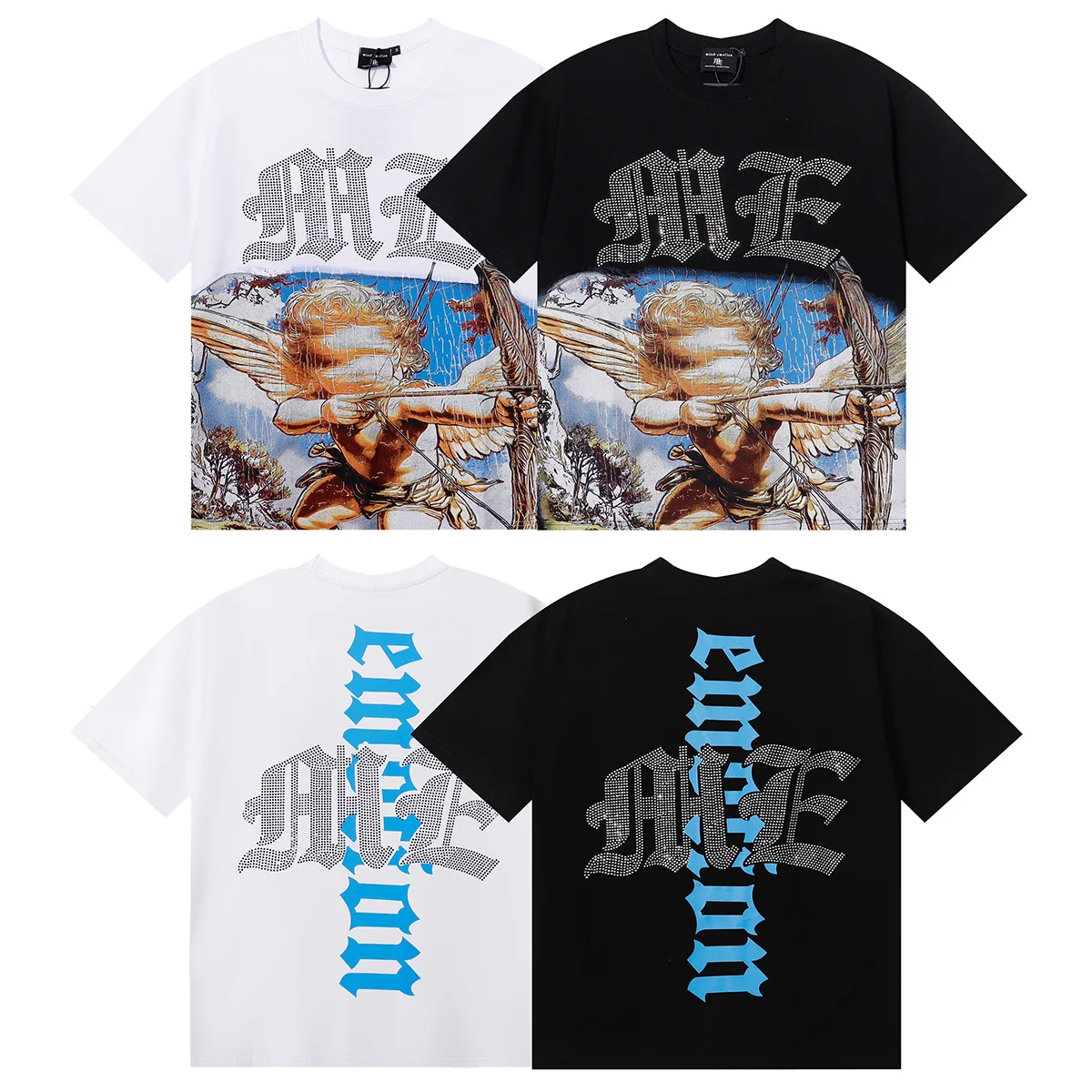 Mixed Emotion Angel Print Rhinestone Rock Hip Hop Loose Fit Pure Cotton Short Sleeve T-Shirt Street Style Youth Fashion