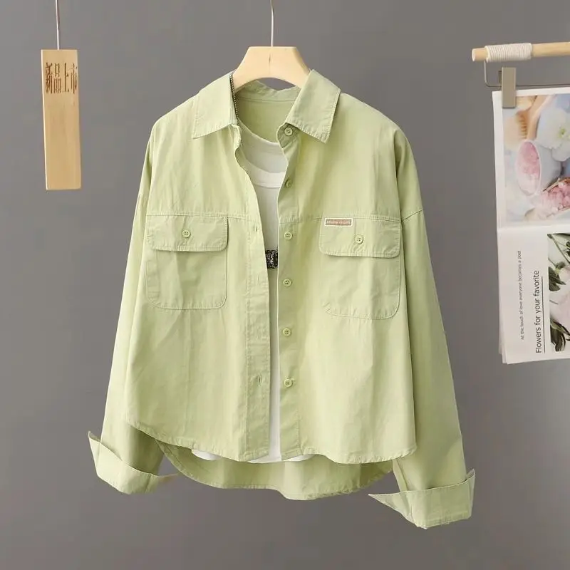 

Spring New Arrival Loose Design Cotton Workwear irt Jaet Women ort Open Cardigan Top Korean Sle Long Sve Collar