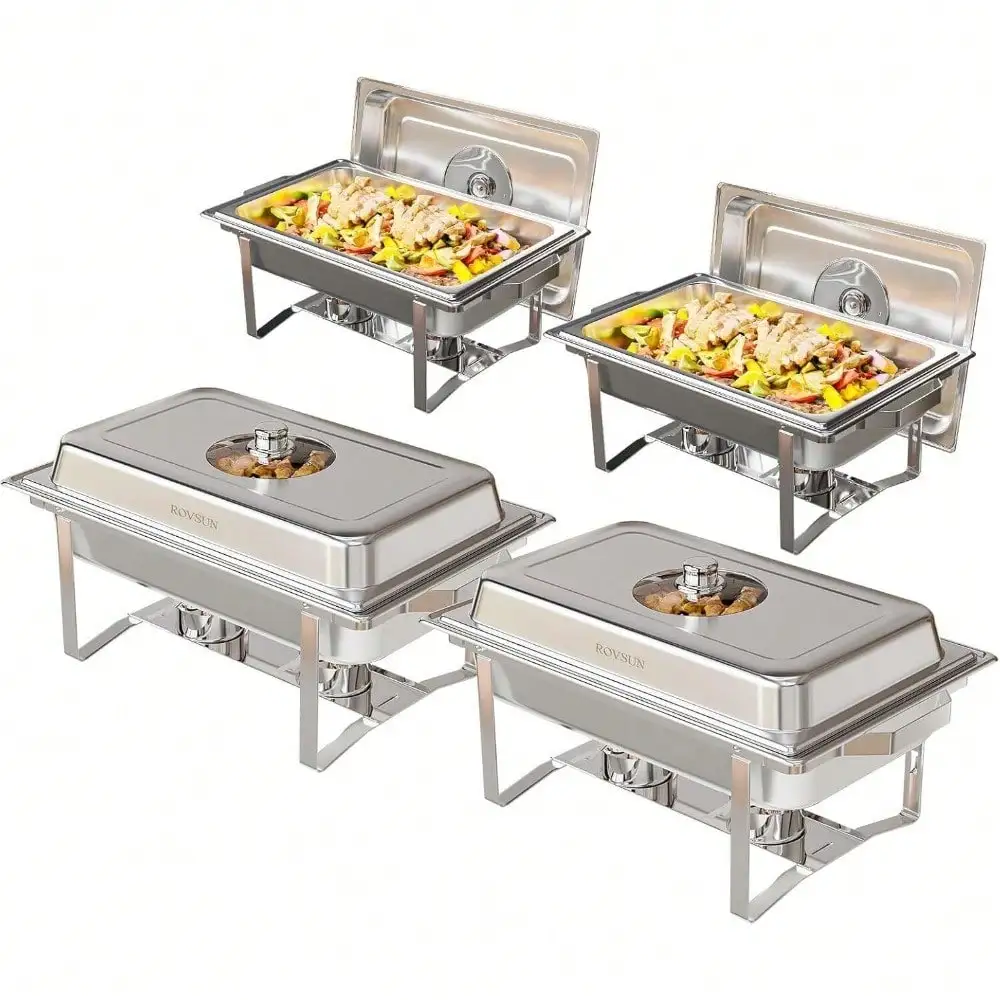 4 Pack Chafing Dish 8 Quart Stainless Steel Chafing Dish Buffet Set w/ Glass Lid