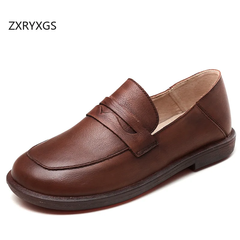 

ZXRYXGS British Style Premium Full Genuine Leather Shoes Women Flat Shoes 2025 New Spring Elegant Comforable Trendy Shoes Flats