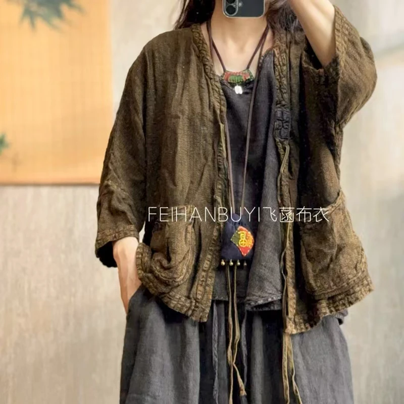 Printemps automne nouveau Style artistique femmes laçage conception point ouvert manteaux courts Vintage coton lin décontracté vestes amples de haute qualité