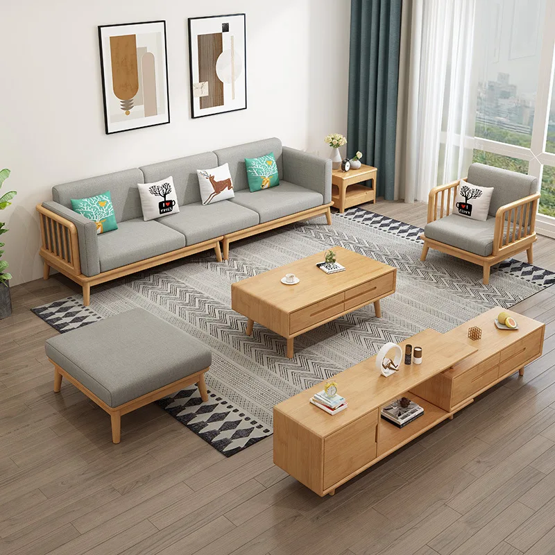 Nordic style solid wood sofa winter and summer dual-purpose household medium and small apartment living room fabric sofa corner