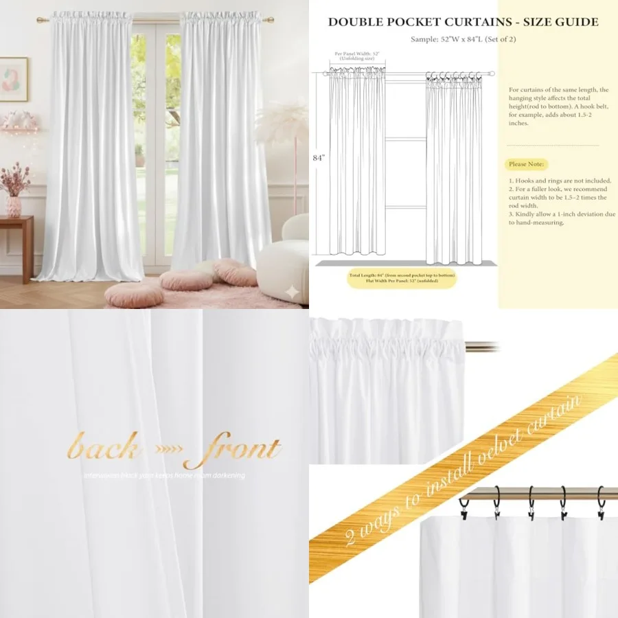

White Velvet Curtains 90 Inch Long Panels Set 5inch Wide,Thermal Insulated Sound Reducing Window Drapes Room Darkening for Larg