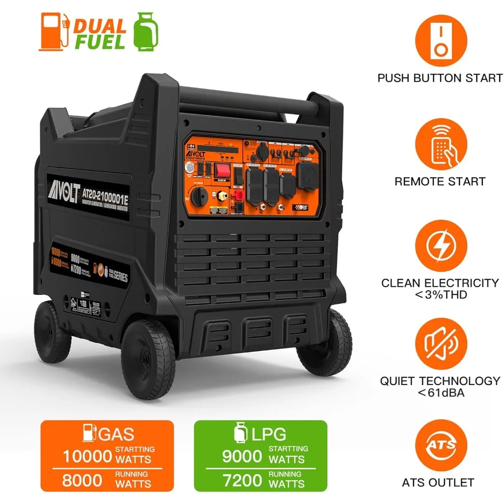 Dual Fuel Portable Inverter Generator- 10000 Watts Gas or Propane Powered Home Back Up Electric Start Inverter Generator (10,000