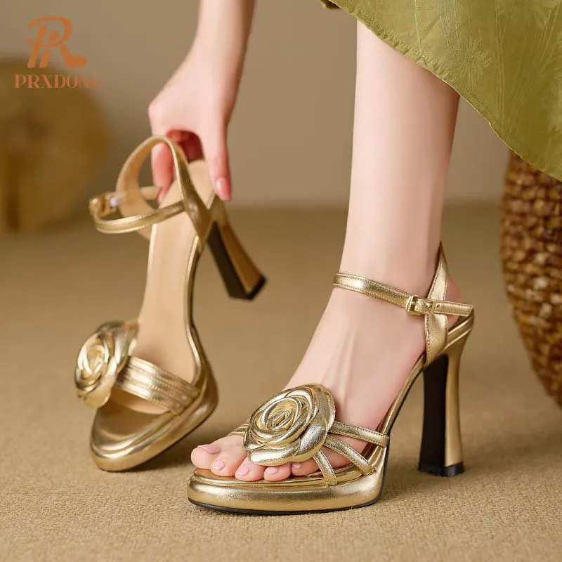 PRXDONG 2024 New Sexy Summer Real Leather High Heels Platform Black Gold Flowers Dress Party Wedding Lady Sandals Pumps Size 40