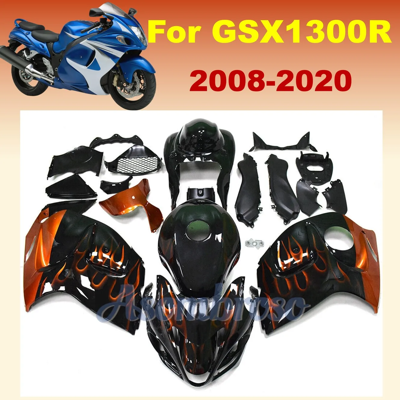 Full Fit For GSX1300R Hayabusa 2008-2020 GSX-1300 09 10 11 12 13 16 15 18 19 Orange Flame Black Motorbike Fairing kit+tank cover