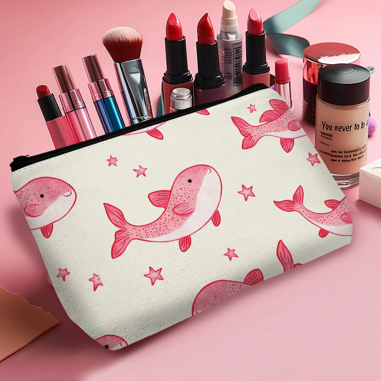 1Pc Pink Fish Makeup Bag Sea Animal Lovers Christmas Birthday Gift For Women Grandma Teen Friendship Appreciate Gift