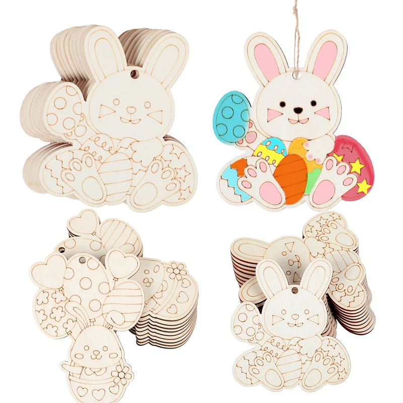 5/10Pcs Easter Wooden Bunny Pendants Rabbit Wood Chips Hanging Hanging 2025 Easter Party DIY Painting Craft Gift Home Decoration