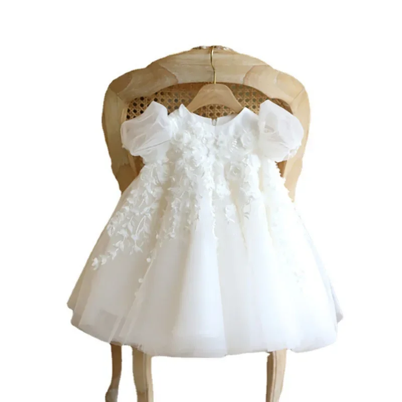 Vestido de tule branco para meninas, Applique Puffy com arco, Vestido de festa de aniversário bonito para crianças, Vestidos de baile