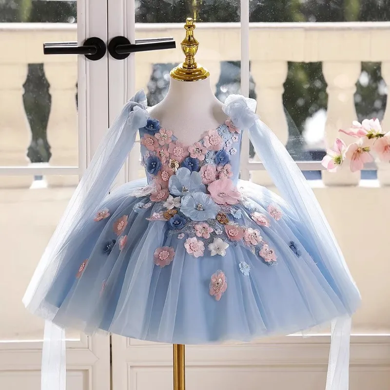 

2026 New Flower Fairy Girls Princess Dress Kids Birthday Party Gown Children Host Piano Performance Formal Evening Dress