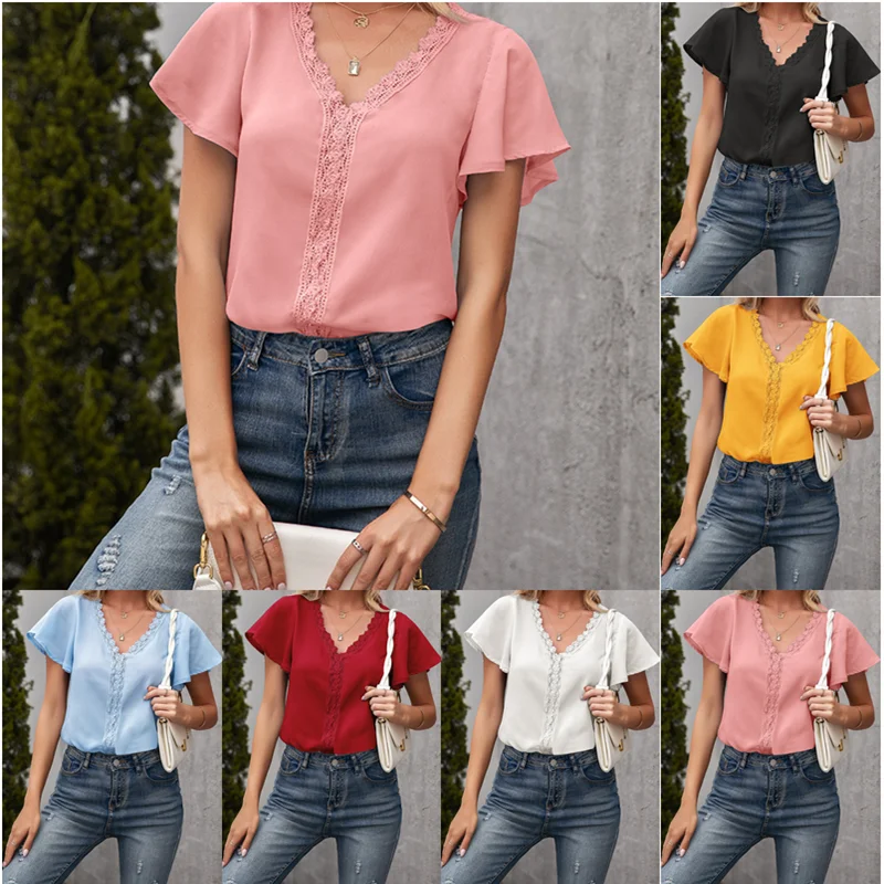 

Sky Blue Elegant Lace Shirt T-Shirt Ladies Women's Summer New Streetwear Tops Fashion Pure Color Casual