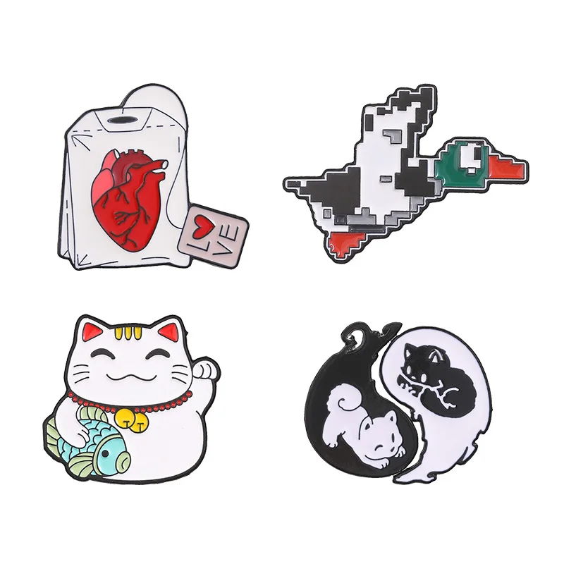 Cartoon Variety Enamel Badge Pack Fortune Cat Yin Yang Kitten Pixel Duck Anatomical Heart Love Pin Art Brooch Jewelry Gifts