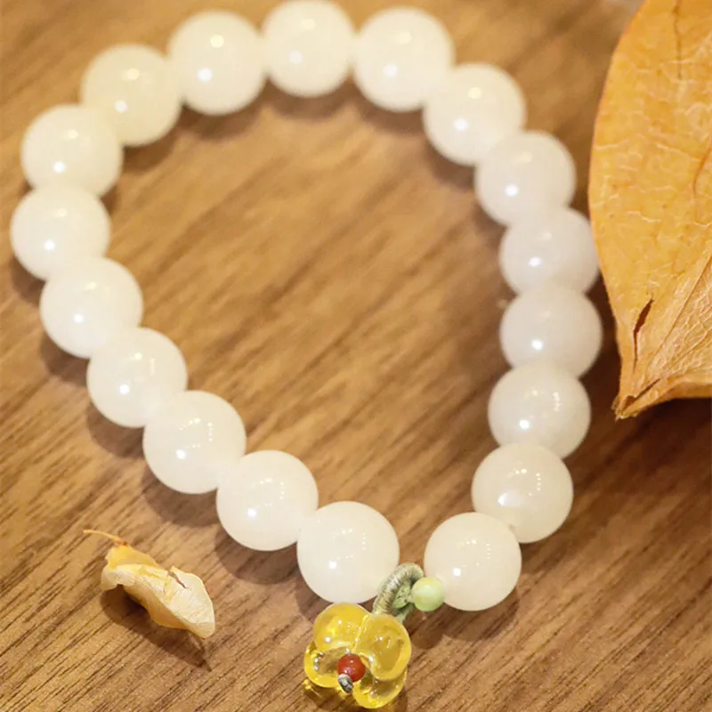 White Jade Bracelet Fashion Hetian Jade10mm Size Beads Cinnamon Hand String Design Gift Bracelet for Friends and Family