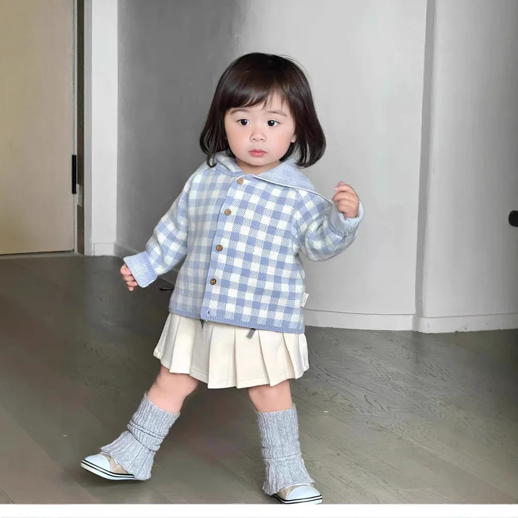 2025 Autumn New Baby Girl Knit Coat Children Cute Plaid Sweater Infant Knitted Cardigan Toddler Girl Hooded Jacket Kids Clothes