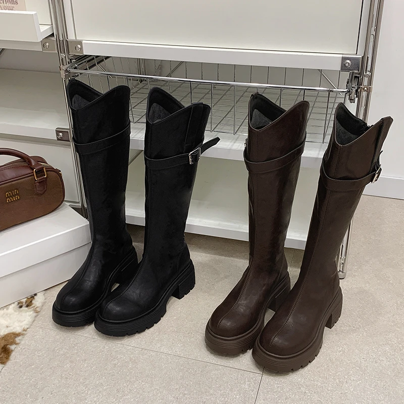 Damen-Plateau-Kniehohe Stiefel mit Schnallendekor, dicker Sohle, seitlichem Reißverschluss, Vintage, lässige lange Stiefel, Outdoor-Wanderschuhe für Damen