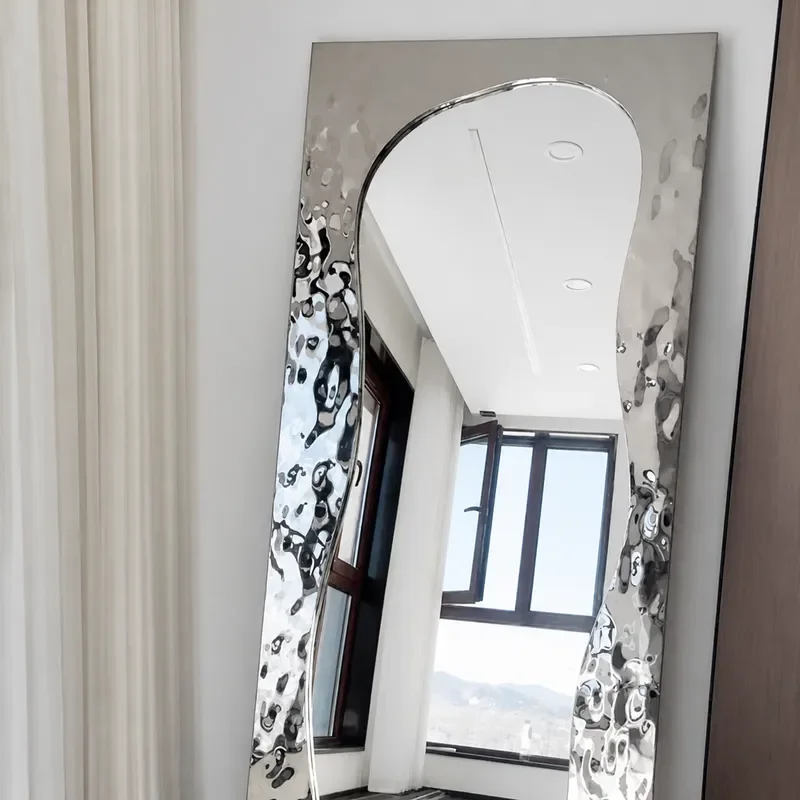 Light luxury stainless steel water corrugated mirror floor full-length mirror full-length mirror Internet celebrity designer