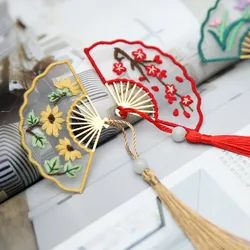 Unfinished Chinese Style Floral Bamboo Pattern Fan Bookmark Embroidery Kit for Beginner DIY Embroidered Sewing Cross Stitch Set