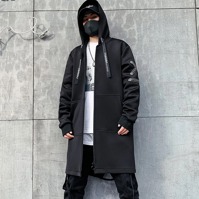 2026 Men Harajuku Hip Hop Coats Male Jacket Long Hoodie Cotton