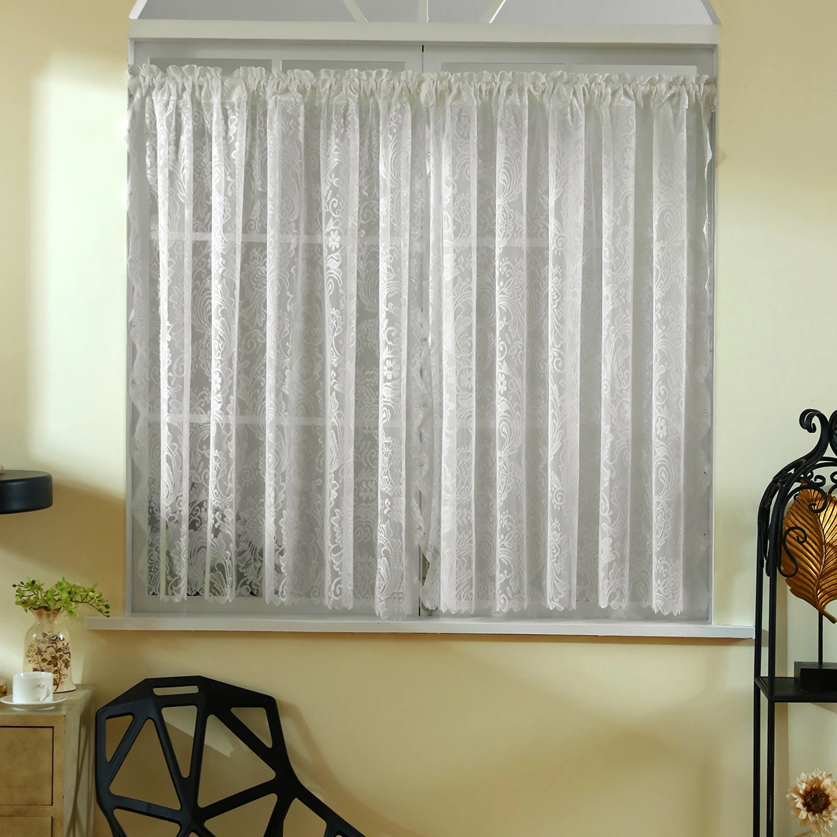 1pc Romantic White Lace Sheer Curtain，Rod Pocket，Floral Embroidery Short Gauze Curtain for Living Room，Kitchen Cabinet Curtain