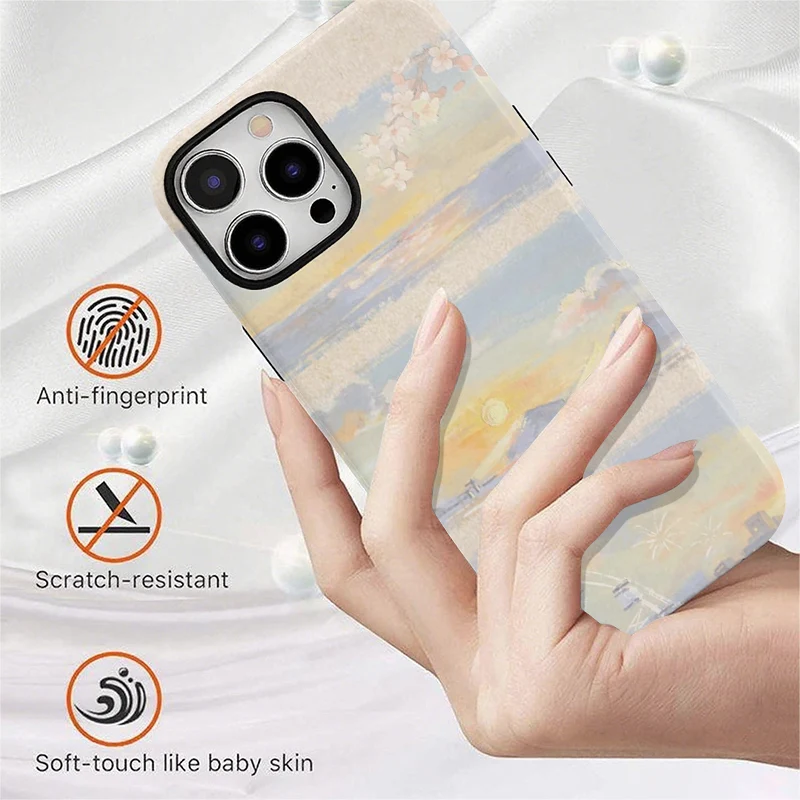 Sunset Landscape Scenic Triptych Pastel Illustration Watercolor Texture Dual-Layer Hybrid Phone Case for iPhone 12-17 Series view 5