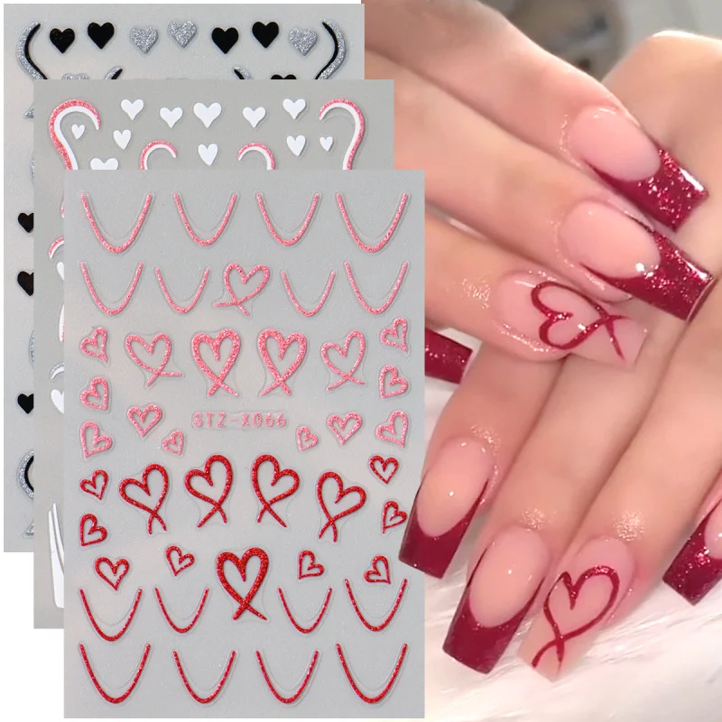 2pcs Sparkly Glitter Heart French Line Nail Stickers Pink Red Valentine Slider Designs Self-adhesive Nail Art Decals Decorations