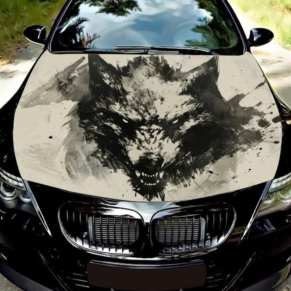 

Fierce and domineering! The wolf head splash ink style super eye-catching pattern car vinyl wraps, car vinyl engine hood sticker