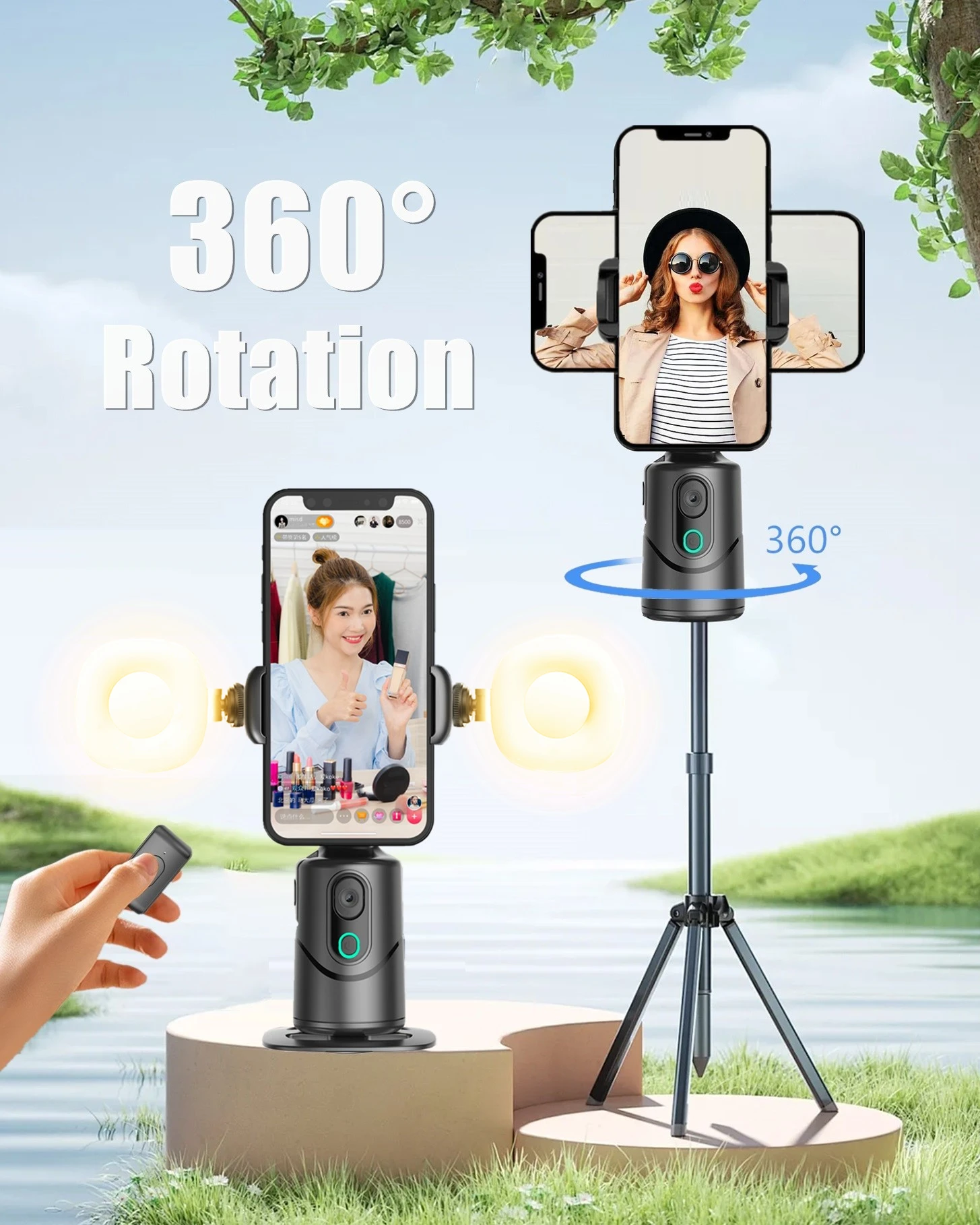 360°Rotation Gimbal Stabilizer, Follow-up Selfie Desktop Face Tracking Gimbal for Tiktok Smartphone Live with Remote Controller