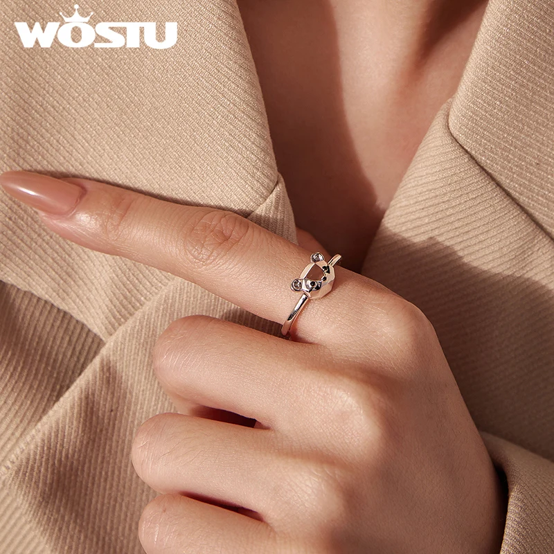 WOSTU Love Bear Open Ring For Women, Hypoallergenic Platinum Plated Origami Design Animal Rings Girl Birthday Gift