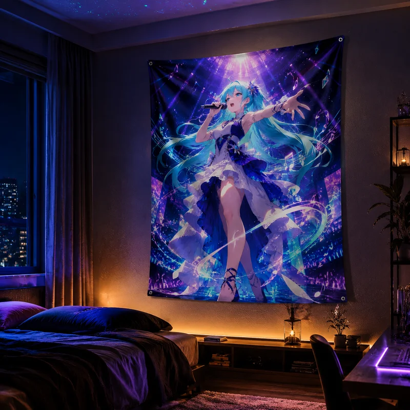 Vikama Cyberpunk Anime Tapestry Futuristic Aesthetic Vikama Cyber Neon Anime Tapestry Idol Girl Singing Soft Wall Hanging