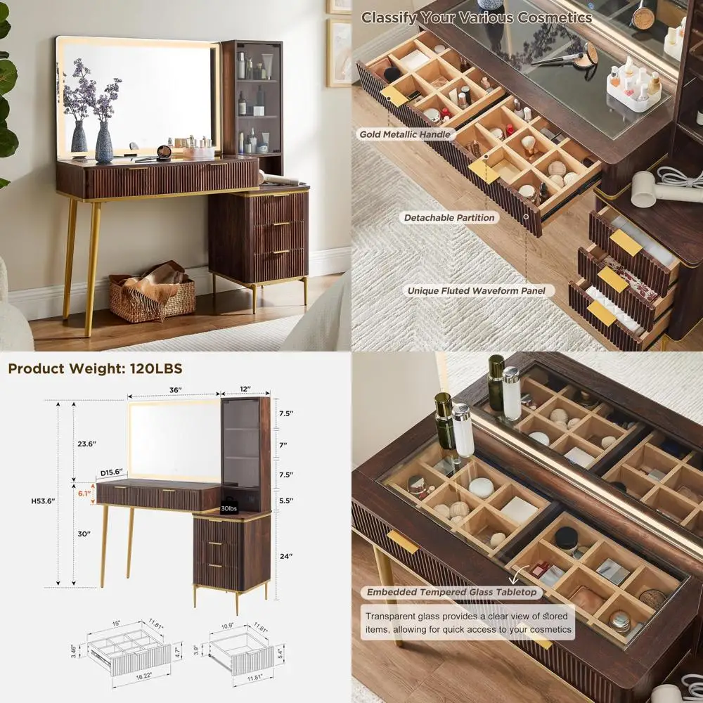 Mesa de maquiagem canelada moderna de 48 polegadas com espelho e luzes iluminadas HD de 36 polegadas