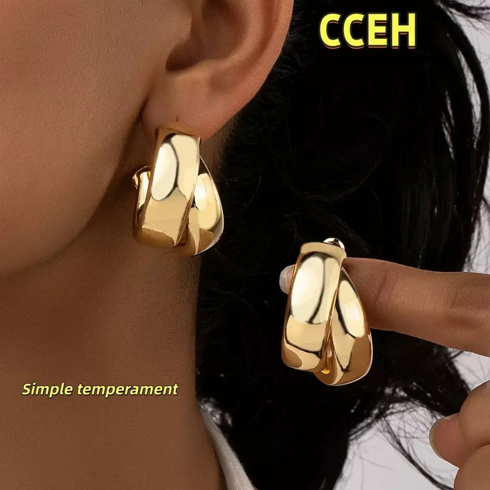 الفولاذ المقاوم للصدأ مكتنزة هوب أقراط للنساء الفتيات الذهب اللون حلقة مزدوجة سميكة هندسية انخفاض الأقراط بيان مجوهرات هدية