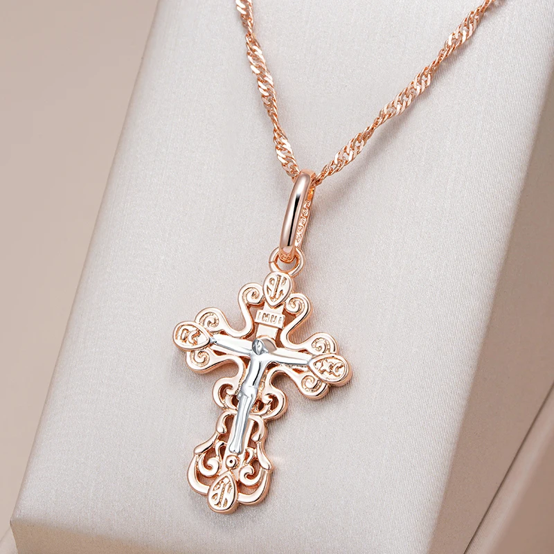 Kinel New Orthodox Church Cross Pendant Necklace for Women Men 585 Rose Gold Silver Color Mix Charm Daily Fine Ethnic Jewelry