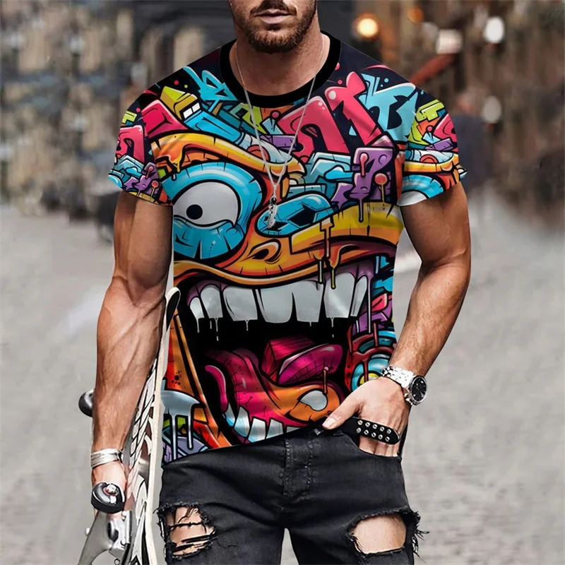 Summer Men's T-shirt Youth Vitality Wind Top Personality Grimace Graphic Print Fashion Crew Neck Men Hip Hop Sports Short Sleeve