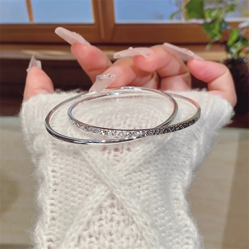 OUYADI Ladies S999 Solid Silver Two‑Piece Bangle Set Shiny Crushed Ice Surface Young Fashion Daily Wrist Jewelry Gift